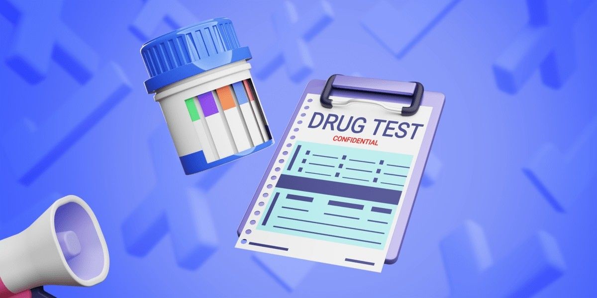 Illustration of a drug test container and clipboard with confidential drug testing form on a blue background.